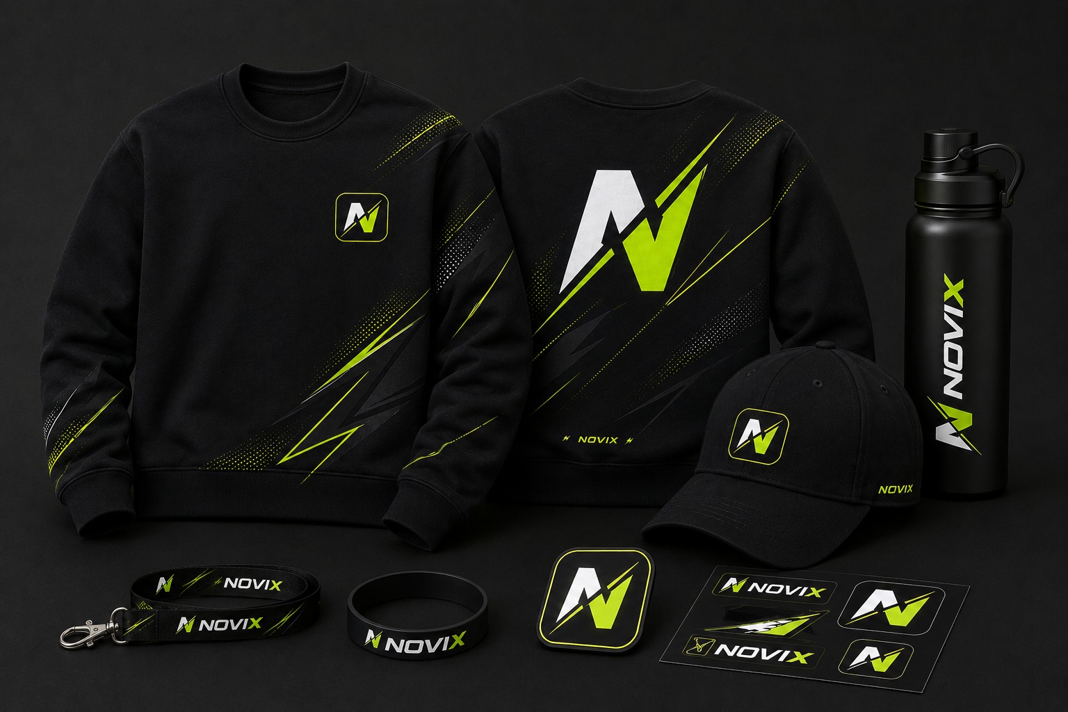 Novix merch collection with crewneck, cap, bottle, stickers and accessories
